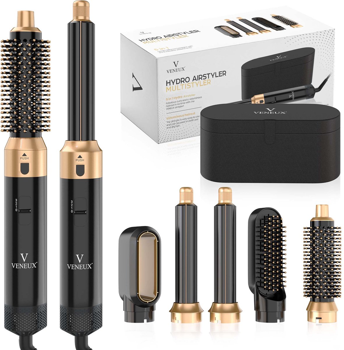 VENEUX® Föhnborstel - Airstyler - Krulborstel - Warmteborstel - 5 in 1 Multistyler - Met Opbergcase - Zwart Met Goud