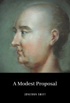 Een olieverfschilderij van de zijkant van een man met een kaal hoofd, met de titel "A Modest Proposal" en "JONATHAN SWIFT".
