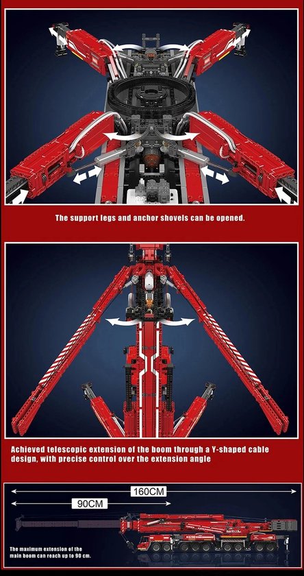 Uitschuifbare steunpoten en gegolfde giek van de rode Liebherr kraan bouwset. Maximale zwenkbereik 90cm.