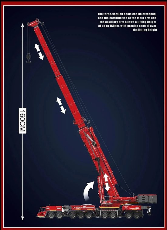 De rode Liebherr kraan bouwset met de drie-delige mast volledig uitgeschoven tot 160cm.
