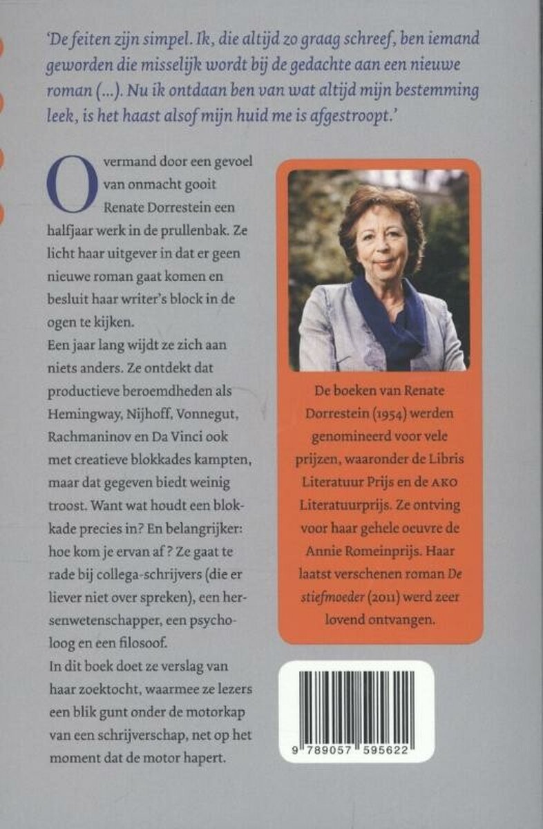 Boekomslag met een portretfoto van Renate Dorresteijn, met de tekst 'De boeken van Renate Dorresteijn (1954) werden genomineerd voor vele prijzen'.