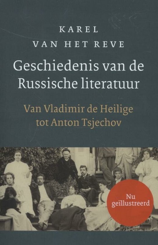 Boek kaft met de titel Geschiedenis van de Russische literatuur, met een foto van een groep mensen in oude kledij.