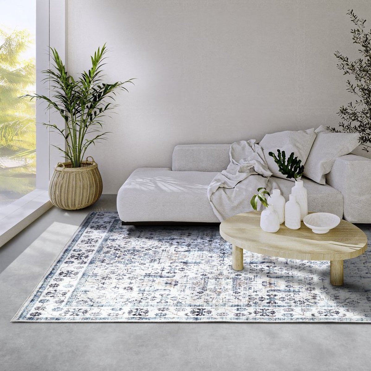 Flycarpets Elle Decoration - Imagination - Laagpolig Vintage Vloerkleed - Saveh - Creme / Blauw - 120x160 cm