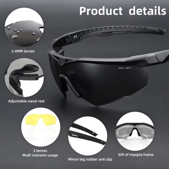 Flamengo Tactical Glasses - 3 LENZEN - 2,4mm uv400 - Explosion Proof veiligheidsbril schietbril beschermbril hiken sportbril vuurwerkbril outdoor avonturen wintersport -Complete set met Frame voor bril op sterkte van FLAMENGO — afbeelding 5