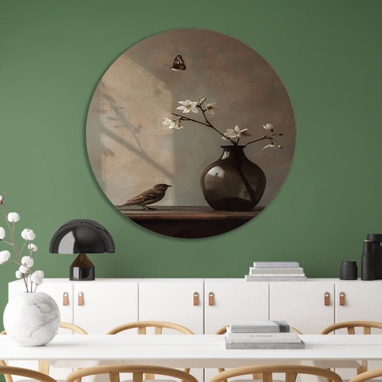 Wandcirkel - Vogel - Vlinder - Bloemen - Stilleven - Kantoor versiering - Woonkamer decoratie - Wanddecoratie slaapkamer - Muurcirkel aluminium 80x80 cm