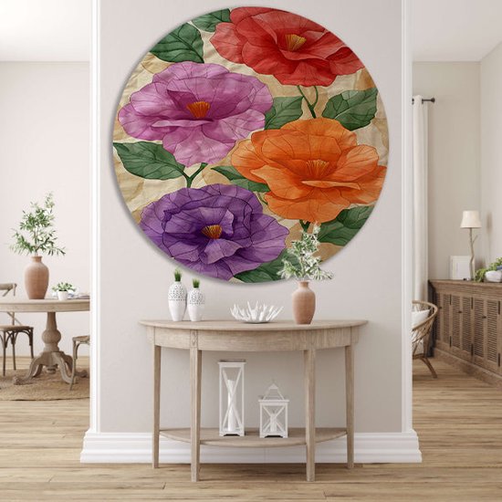Panneau mural Fleurs - Décoration murale nature ronde - Décoration murale ronde feuilles - Décoration murale campagne - Écailles murales - Art mural cercle forex 60x60 cm