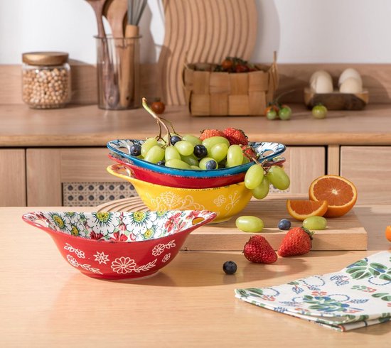 Henten Home Slakom met handvat, grote porseleinen serveerschalen set van 20-54 oz, 1450 ml Boheemse keramische kom voor ramen/soep/fruit/salade, kleurrijke kommenset - Boheemse stijl