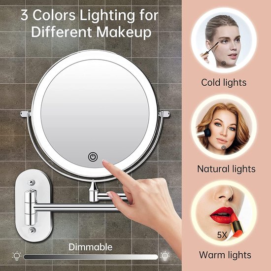 MATEPROX 8'' make-upspiegel met verlichting, oplaadbare dubbelzijdige 1X 10X vergrootspiegel & in hoogte verstelbaar, verlichte make-upspiegel met 3 kleuren verlichting, aanraaksensor dimfunctie