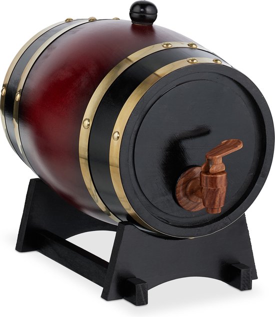 Mini whiskyvat van 2,2 liter in rood en zwart met metalen banden, een houten kraantje en een zwarte houten standaard.