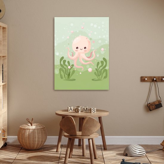 Peinture sur toile 50x70 cm - Décoration murale chambre enfant Poulpe - Animaux aquatiques - Vert - Sous-marin - Décoration murale chambre bébé - Décoration chambre garçon et fille - Accessoires Bébé - Peintures