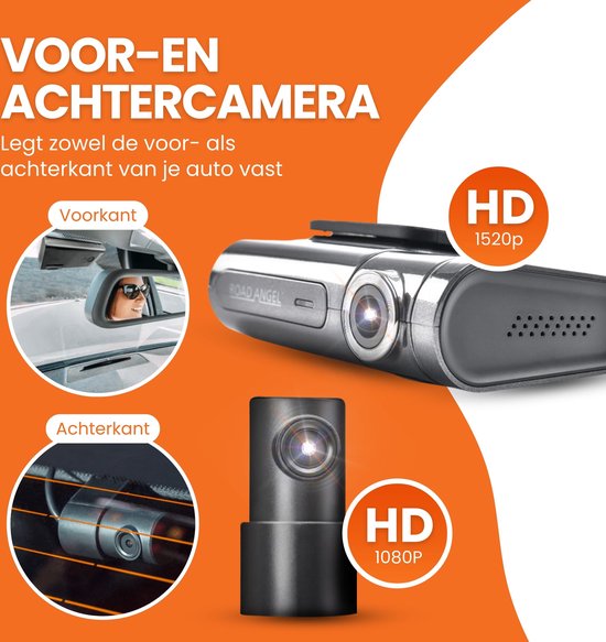 Road Angel Halo Pro64 Dashcam voor Auto - Voor en Achtercamera - Wifi – 1520p Full HD Autocamera Voor - 1080p Camera Achter - Inclusief 64GB SD kaart - Looprecording - Nachtzicht - beeldstabilisatie