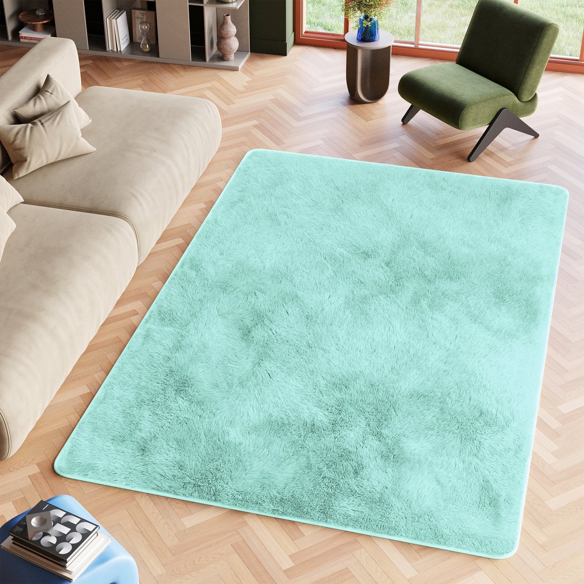 Tapiso Silk Vloerkleed Mint Blauw Hoogpolig Woonkamer Tapijt Maat- 80x150