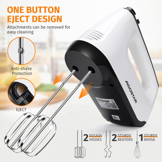 Aigostar Pudding 30XMJ - Handmixer - 6 snelheden en turbofunctie - Opslagbasis - Kloppers & Deeghaken & Garde - Mixer - 400W - RVS - Wit van Aigostar — afbeelding 2