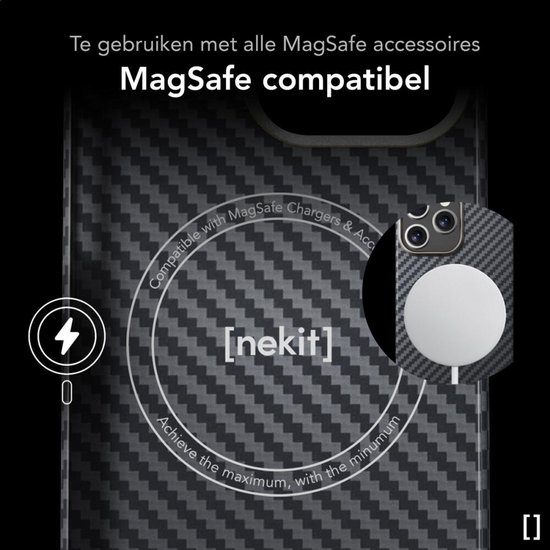 Zwart carbon patroon hoesje met MagSafe compatibel magnetisch ring.
