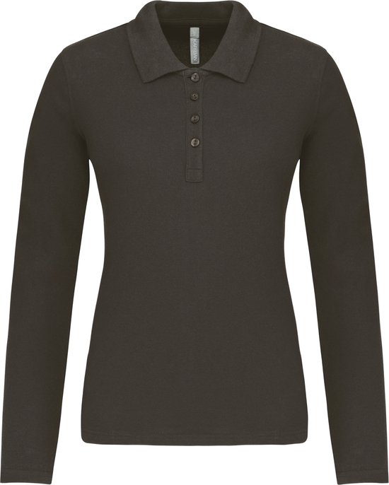 Polo Femme XL Col Kariban avec boutons Manche longue Gris Foncé 100% Katoen