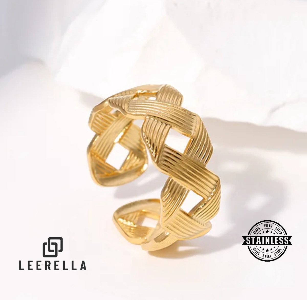 Leerella Prachtige Verstelbare Ring van Roestvrij Staal met Gevlochten Motief – Goudkleurig – Elegante en Duurzame Accessoire voor Elke Gelegenheid Moederdag, Valentijnsdag, Verjaardagen