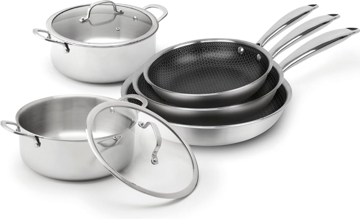 Set van 3 RVS triply pannen 20 + 24 + 28 cm met non-stick honeycomb coating + 2 kookpotten 22 + 26 cm + 3 glazen deksels 22 + 26 cm - Zilver / Zwart / Transparant