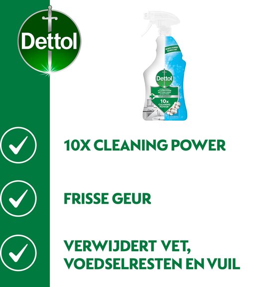 Spray nettoyant tout usage antibactérien Dettol avec 10x pouvoir nettoyant, parfum frais et élimine la graisse.