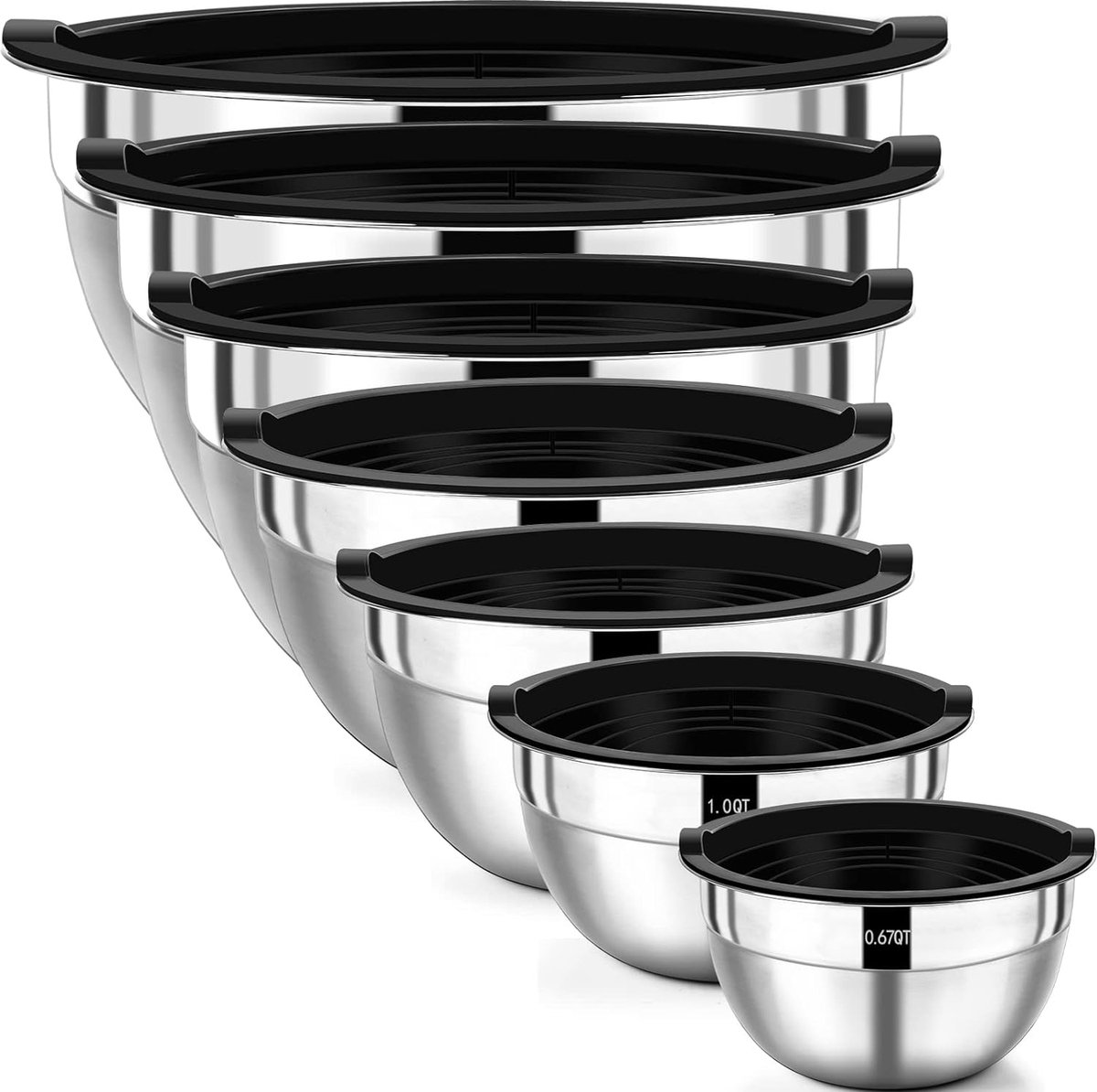 HaWare roerschaal 3-delig set, roestvrijstalen slakommenset met transparant luchtdicht deksel en antislip siliconen bodem & 3 raspopzetstukken, 4,6 l/2,5 l/0,7 l, vaatwasmachinebestendig, zwart