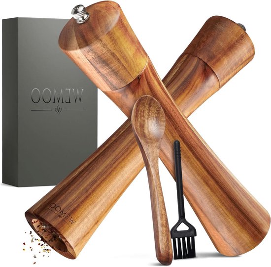 WEMOO® Zout- en pepermolen van hout, zeer groot (25,5 cm), kruidenmolens met robuust keramisch maalwerk, extra vullepel en reinigingsborstel, set met peper en zoutmolen