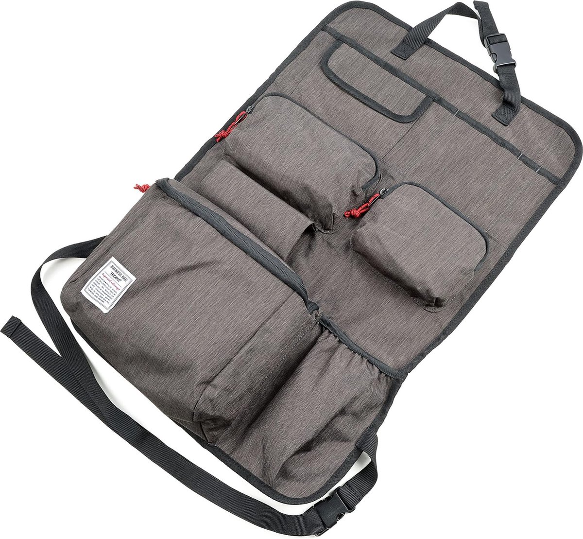 Zakelijke auto-achterbankorganizer van polyester in antraciet/zwart, veel opbergruimte, rugleuningbeschermer/schopbeschermer, BBG62/GY, antraciet/zwart, achterbankorganizer