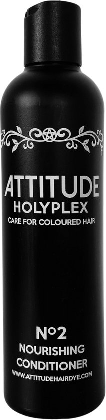 Une bouteille noire Attitude Holyplex No.2 Nourishing Conditioner avec un lettrage blanc.