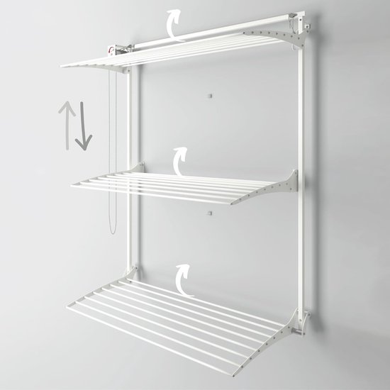 Séchoir à Linge Mural Extensible - 100cm, 6 Bras, Charge Max 30kg, Intérieur/extérieur, Blanc, Gain De Place