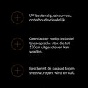 Iconen die UV-bestendig, scheurvast, onderhoudsvriendelijk, geen ladder nodig en beschermt tegen sneeuw, regen, wind en vuil aanduiden.