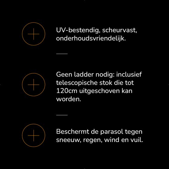 Iconen die UV-bestendig, scheurvast, onderhoudsvriendelijk, geen ladder nodig en beschermt tegen sneeuw, regen, wind en vuil aanduiden.