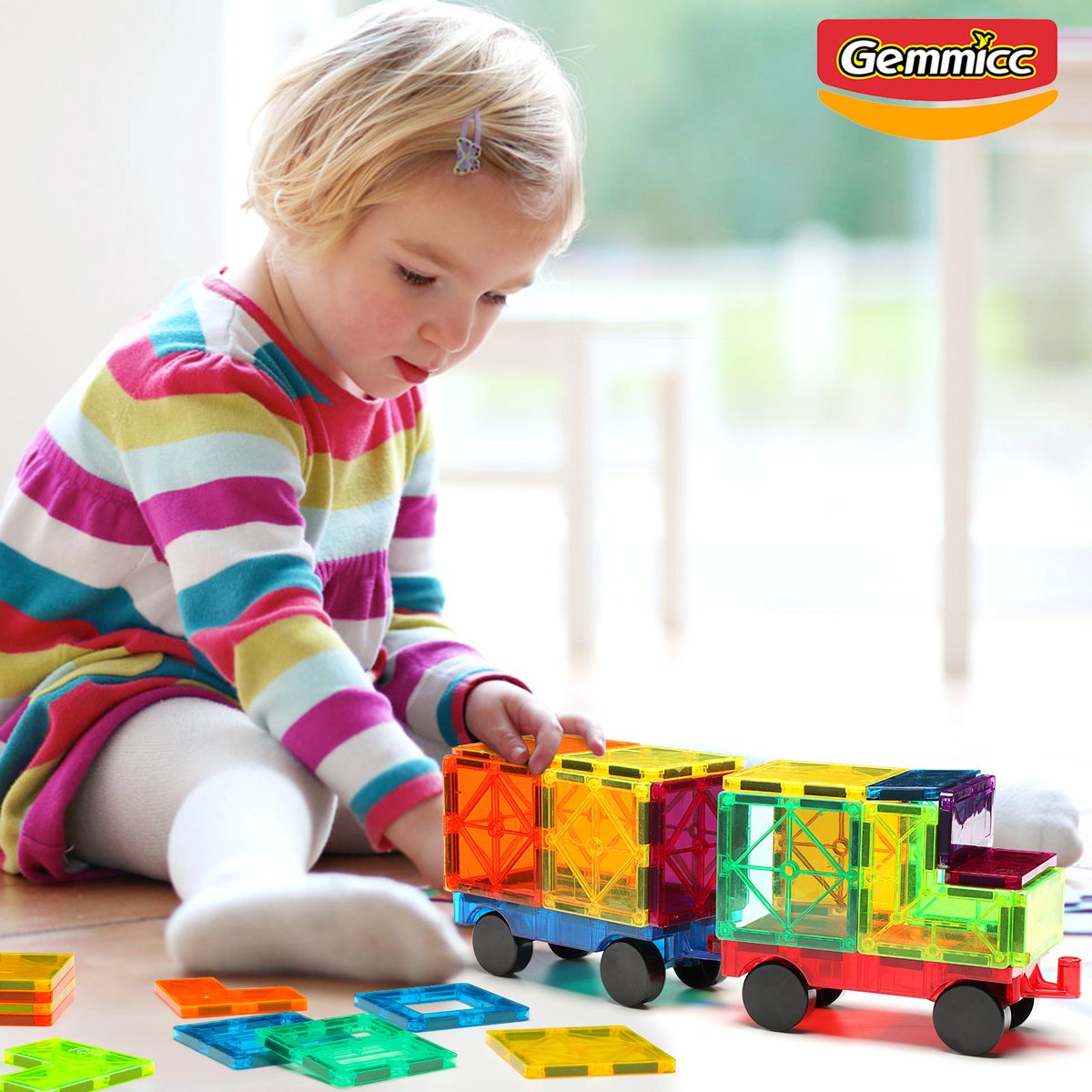 Magnetische tegels - 2 treindelen - auto - combineren mogelijk - Gemmicc - magnetic tiles - montessori - magnetic toys - magnetisch speelgoed - bouw je eigen magna wereld - Magneet speelgoed — afbeelding 3
