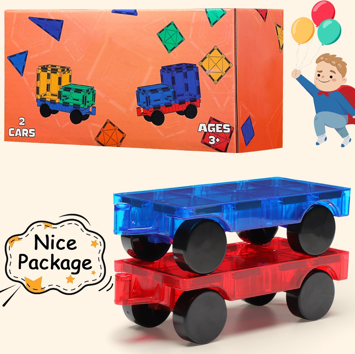 Magnetische tegels - 2 treindelen - auto - combineren mogelijk - Gemmicc - magnetic tiles - montessori - magnetic toys - magnetisch speelgoed - bouw je eigen magna wereld - Magneet speelgoed — afbeelding 2