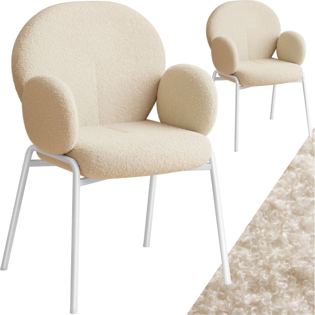 Tectake Eetkamerstoelen met Armleuning - Set van 2 - Scandi Stoel - Eetkamerstoel - Stoelen voor Eetkamer en Eettafel - Keukenstoelen - Bekleding van Bouclé Teddystof - Klassiek - Crème Creme