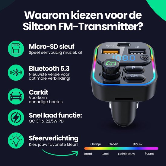 Siltcon® Bluetooth Transmitter – Fm Transmitter - Bluetooth Auto - USB-C lader 22.5W - Carkit - USB-A - SD Kaart - BT 5.3 - 2026 model