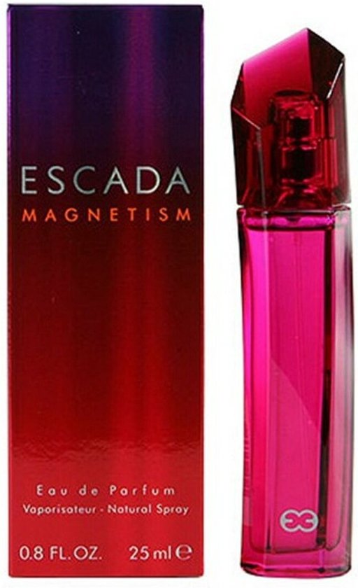 Doosje Escada Magnetism, Eau de Parfum, 25 ml, met een glazen fles met roze vloeistof en een paarse, facet geslepen dop.
