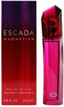 Doosje Escada Magnetism, Eau de Parfum, 25 ml, met een glazen fles met roze vloeistof en een paarse, facet geslepen dop.