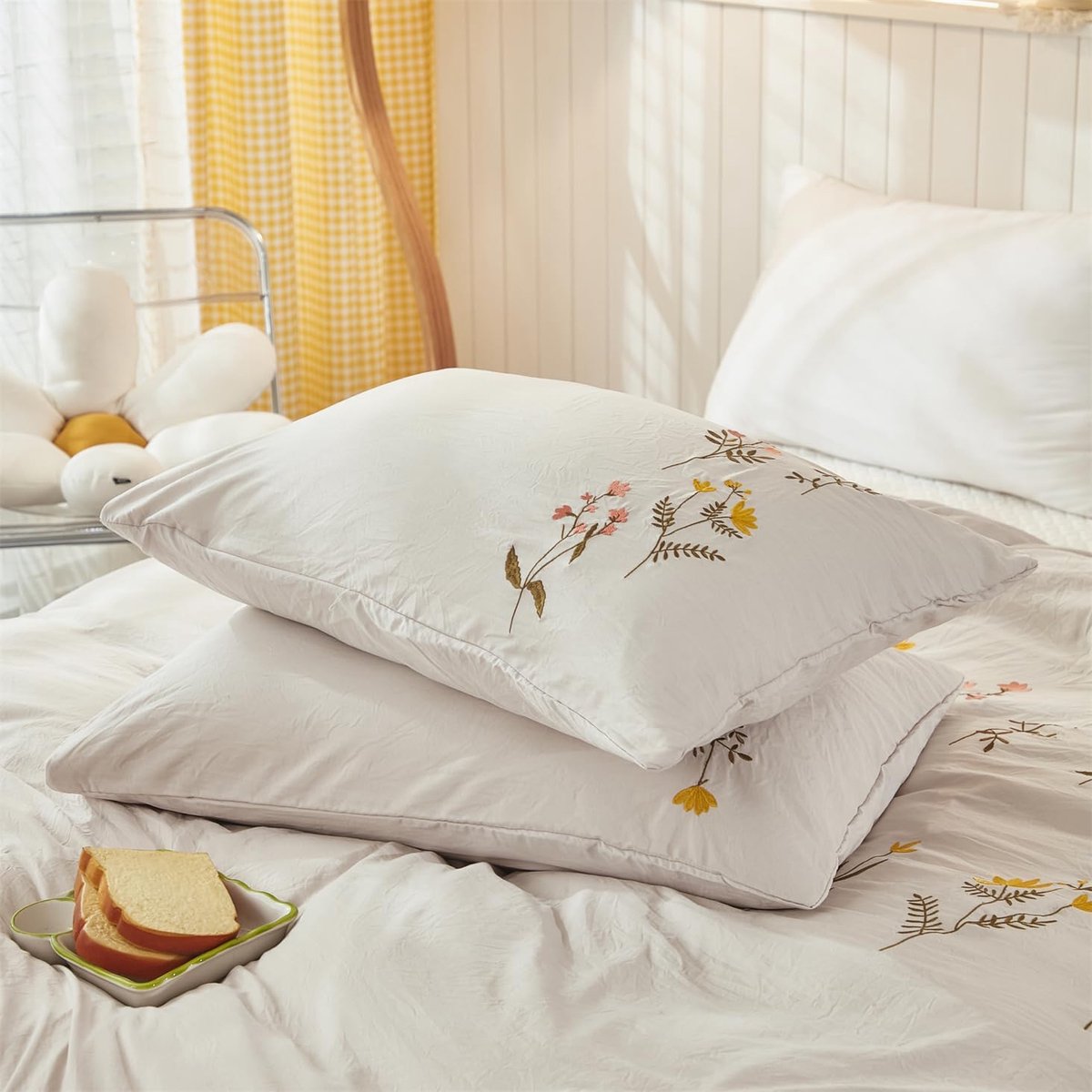 Lanqinglv Musselin Beddengoed, 135 x 200 cm, katoen, bloemen, wit, roze