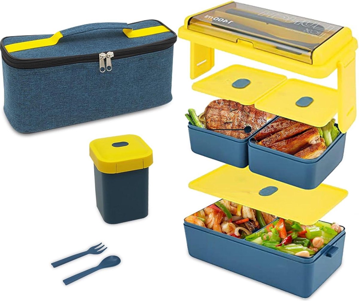 Uitneembare Vakken Lunchbox Lekvrije Bento Box met Soepkopjes en Geïsoleerde Zak Blauw