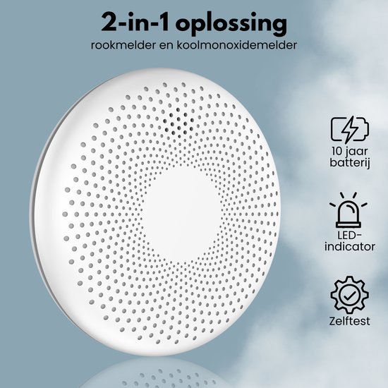 Witte 2-in-1 rook- en koolmonoxidemelder met 10 jaar batterij, LED-indicator en zelftestfunctie.