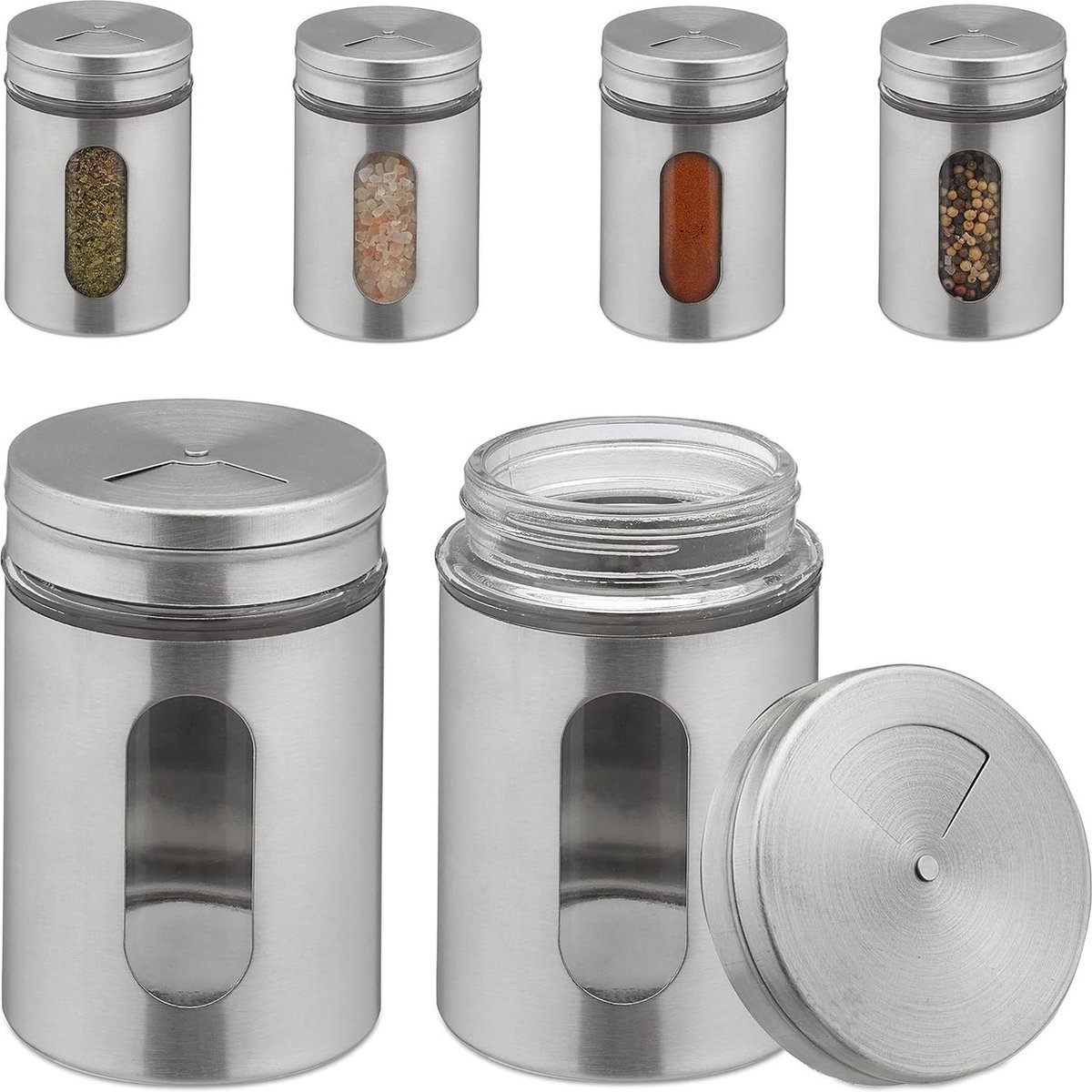 Kruidenpotjes set van 6 - 290 ml XL strooibussen - RVS & glas - Zilver Kruidenpotjes