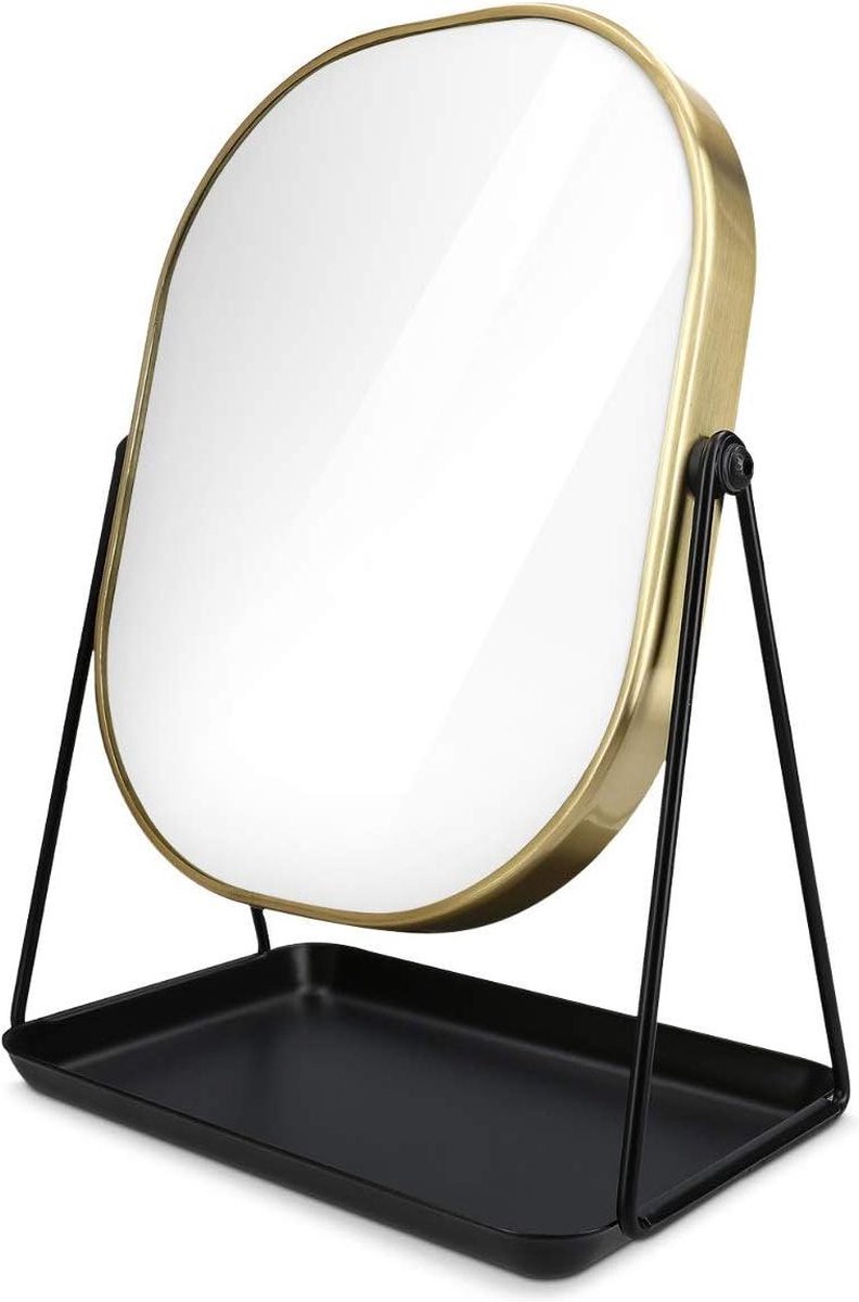 Tafelspiegel zwart goud met sieradenschaal - Staande make up spiegel en accessoireschaal - Roterende opmaakspiegel met verlichting