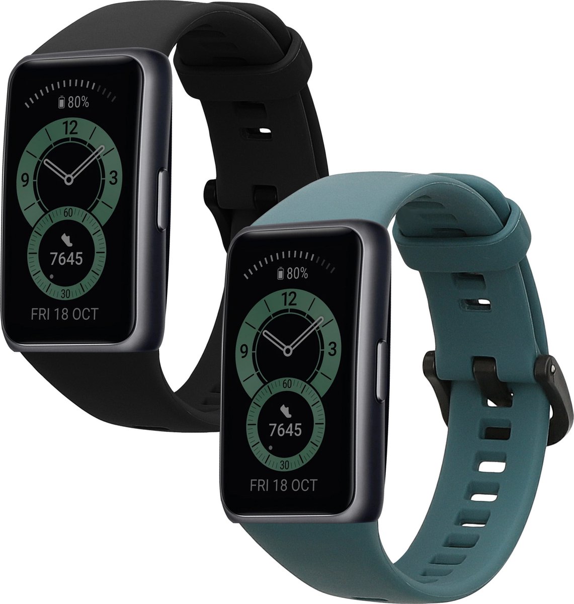 kwmobile 2x horlogebandjes geschikt voor Huawei Band 6 bandje - Smartwatch bandjes van TPU - Activity tracker horloge band in zwart / mosgroen