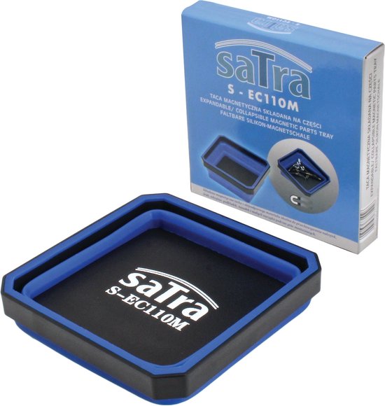 Bac magnétique bleu pliable avec vis et écrous, à côté de l'emballage.