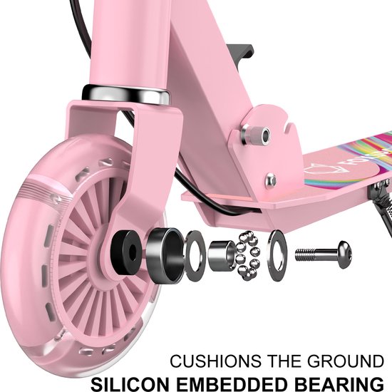 Close-up van het siliconen ingekapselde lager van een roze kinderstep.