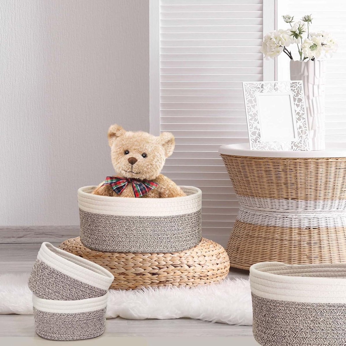 Set van 2 manden met deksel, opbergmand, katoenen touw, gevlochten, stapelbare multifunctionele organizer, wasmand, opbergmand voor make-up, planken, woonkamer, beige