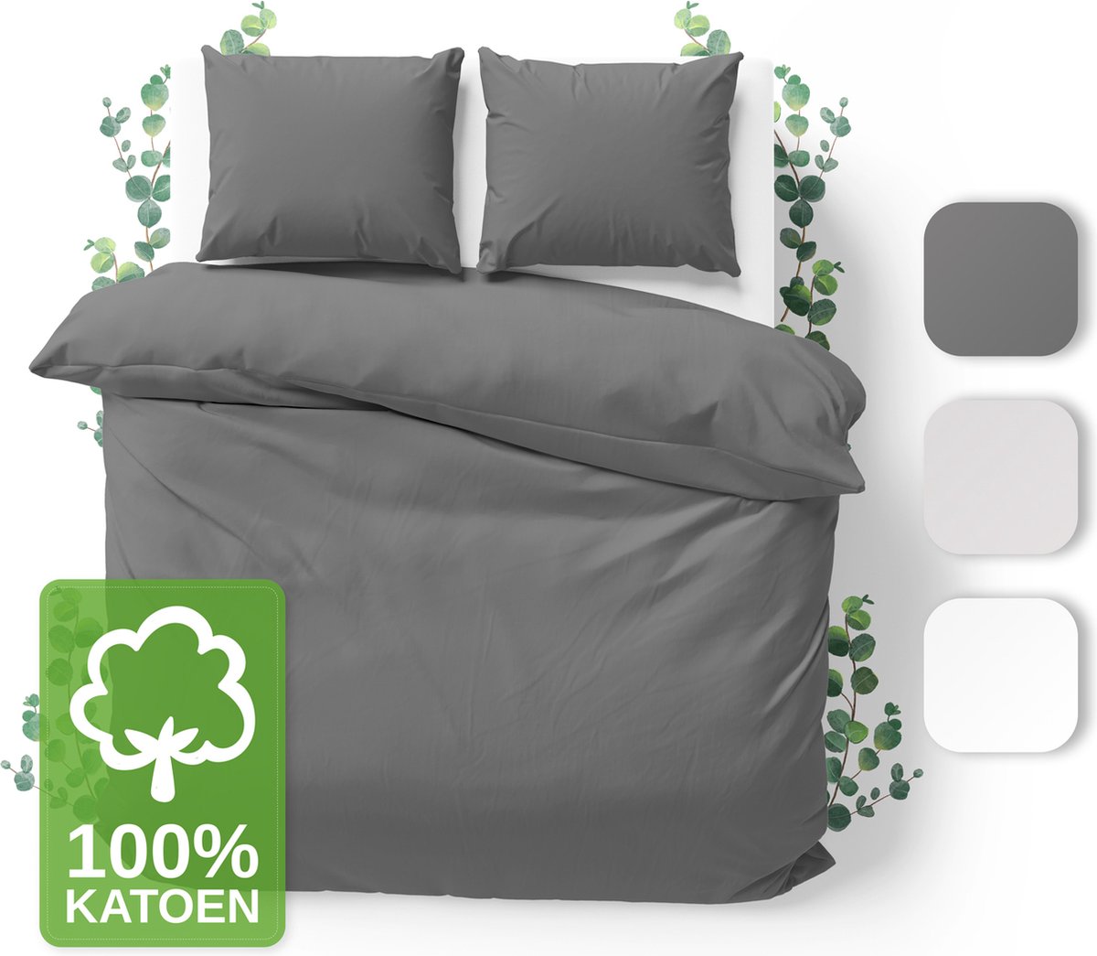 JACOBSON Dekbedovertrek - 200x200 cm + 2 Kussensloop 80x80 cm - 100% katoen - met Rits - Antraciet