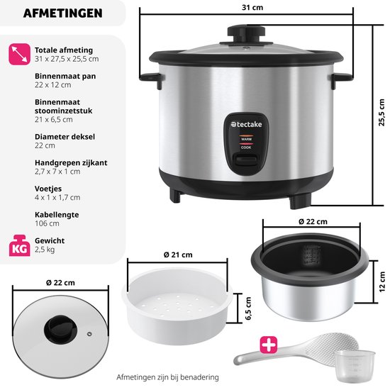 tectake® Rijstkoker - Stoompan en rijstmaker met stoominzet - Kookpot voor de keuken