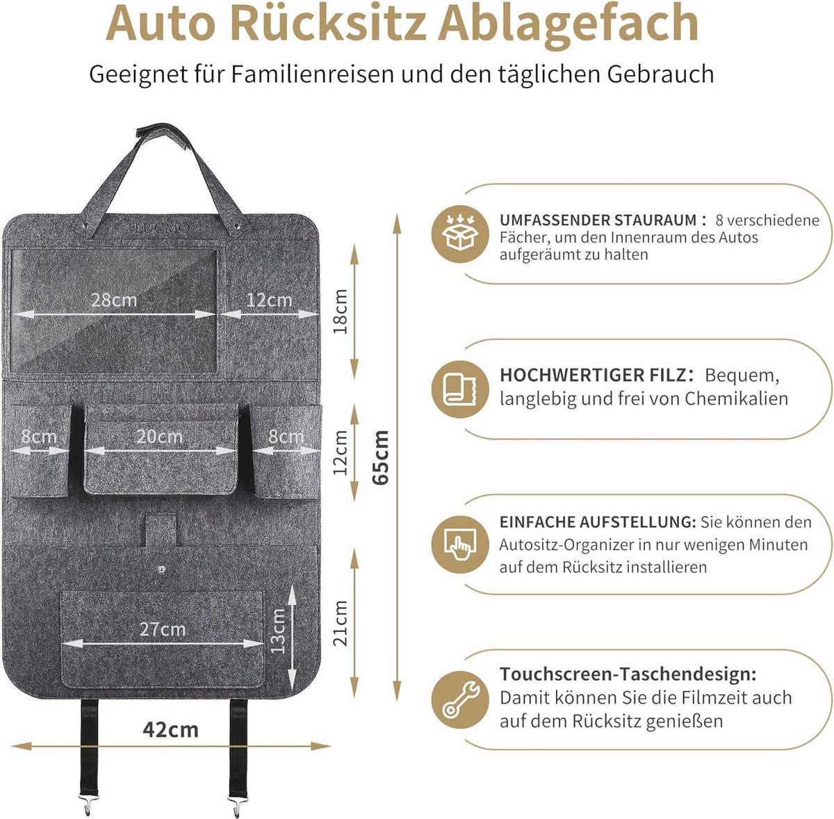 Rugleuningbescherming autostoelorganizer achterbank-organizer - tablet/telefoonopslag - waterdicht - multifunctioneel - autoopbergtas - veel zakken - html content nodig Auto organizer – foto 4