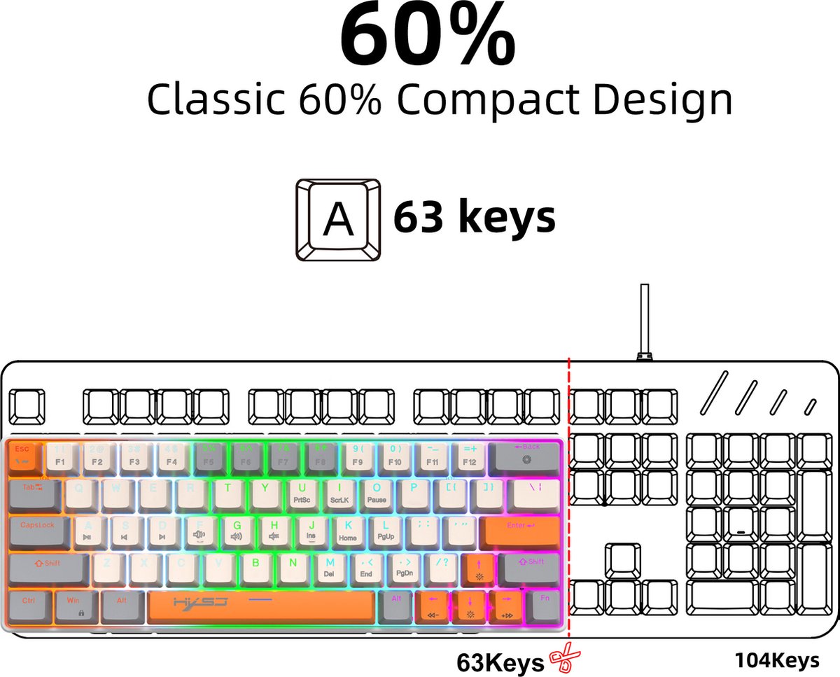 HXSJ V500 Bedrade Gaming Toetsenbord - Mechanisch - RGB - Blue Switch - 63 Keys - QWERTY Toetsenborden - Wit oranje thumbnail 3