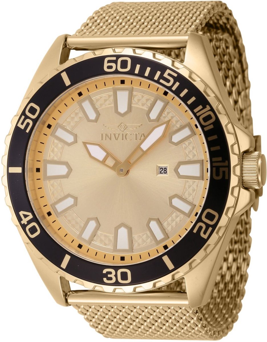 Invicta Pro Diver 46902 Heren Horloge - Waterdicht - Analoog - Quartz Uurwerk - Roestvrij Staal met gouden Wijzerplaat - 46mm