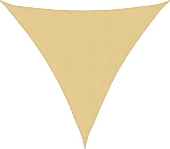 Driehoekig zandkleurig schaduwdoek met verstevigde hoeken.